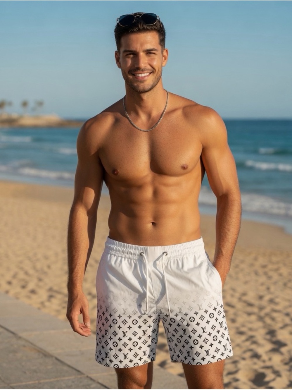 Men's White Logo-Print Swim Trunks Louis Vuitton